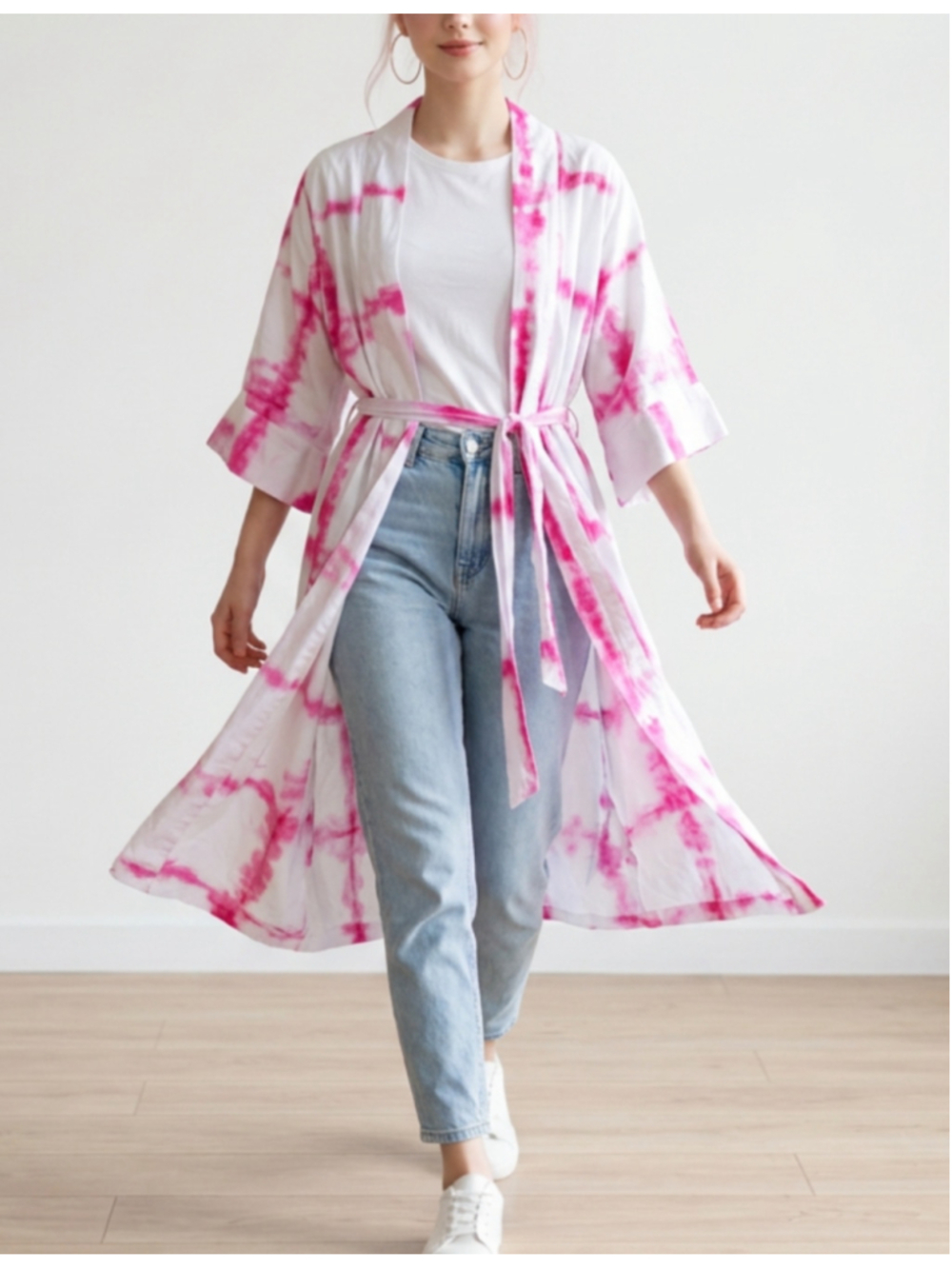 CALIA Oversized Kimono Robe Size Small White Hot Pink Tie-Dye Layering Lounge
